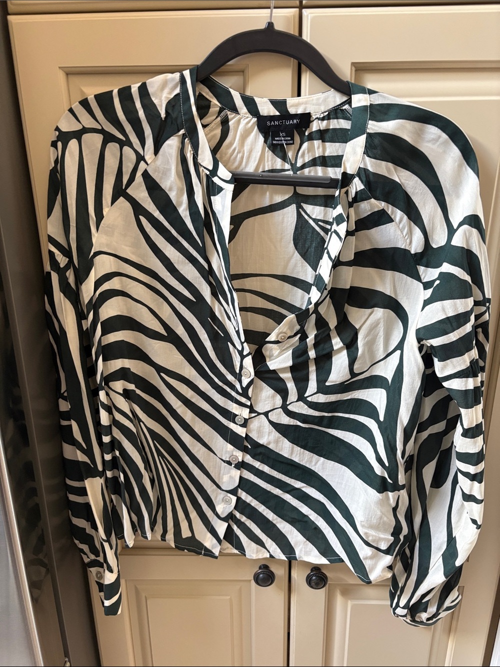 Sanctuary White and Dark Green Zebra-Stripe Henley Blouse